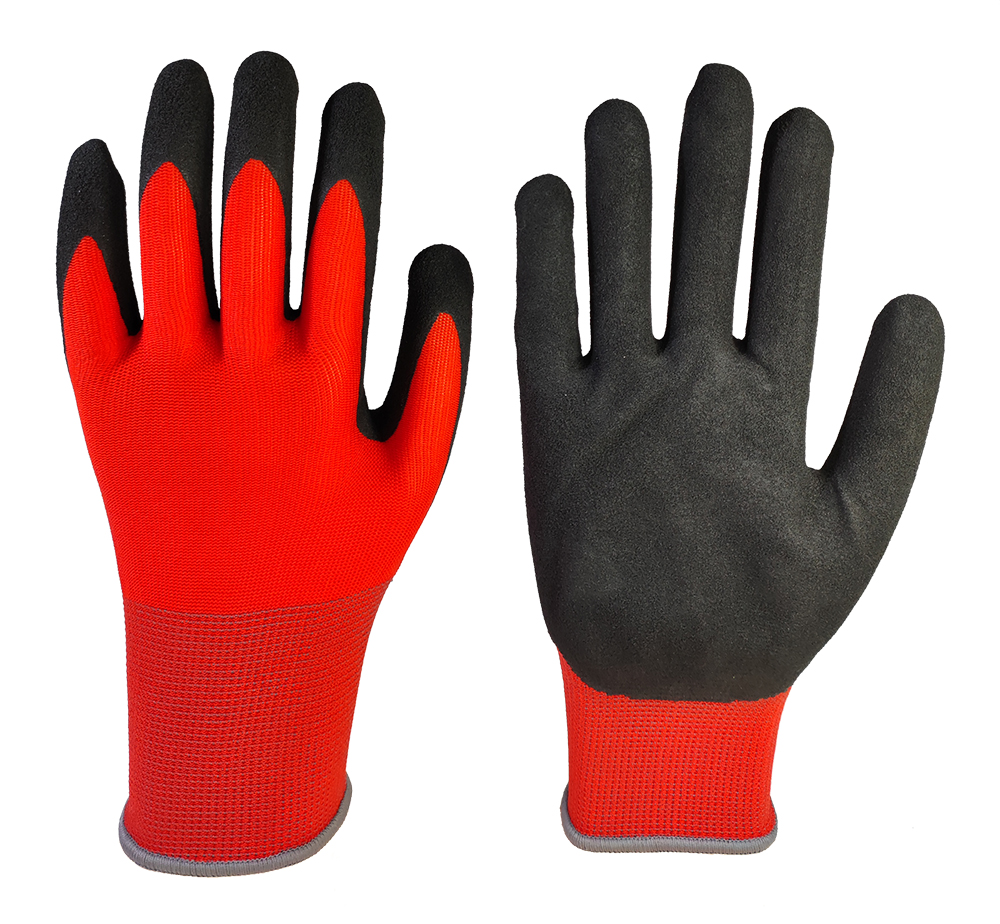15G  Red Polyester with black sandy finish glove