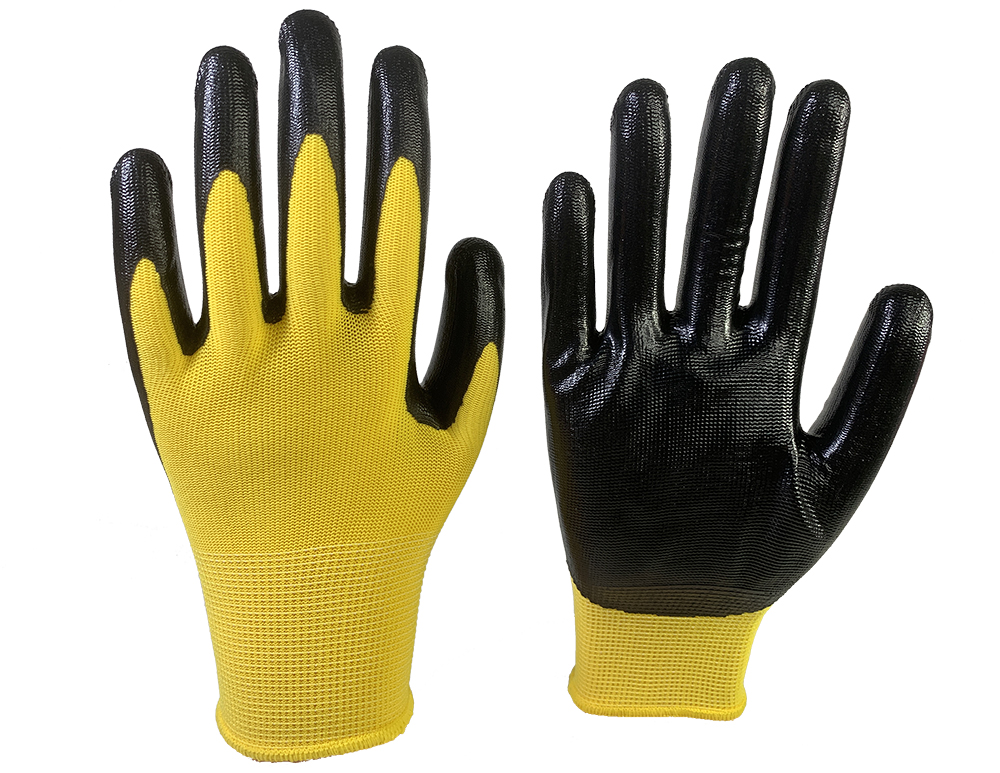 13G Yellow polyester with Black nitrile coated gloves