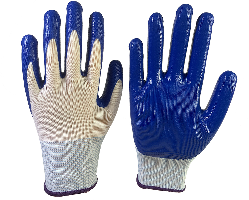 13G White polyester with Blue nitrile coated gloves