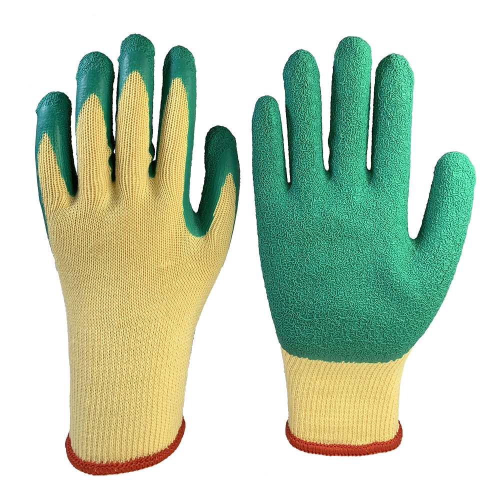10G  5 yarns Yellow cotton  with Green latex crinkle coated gloves