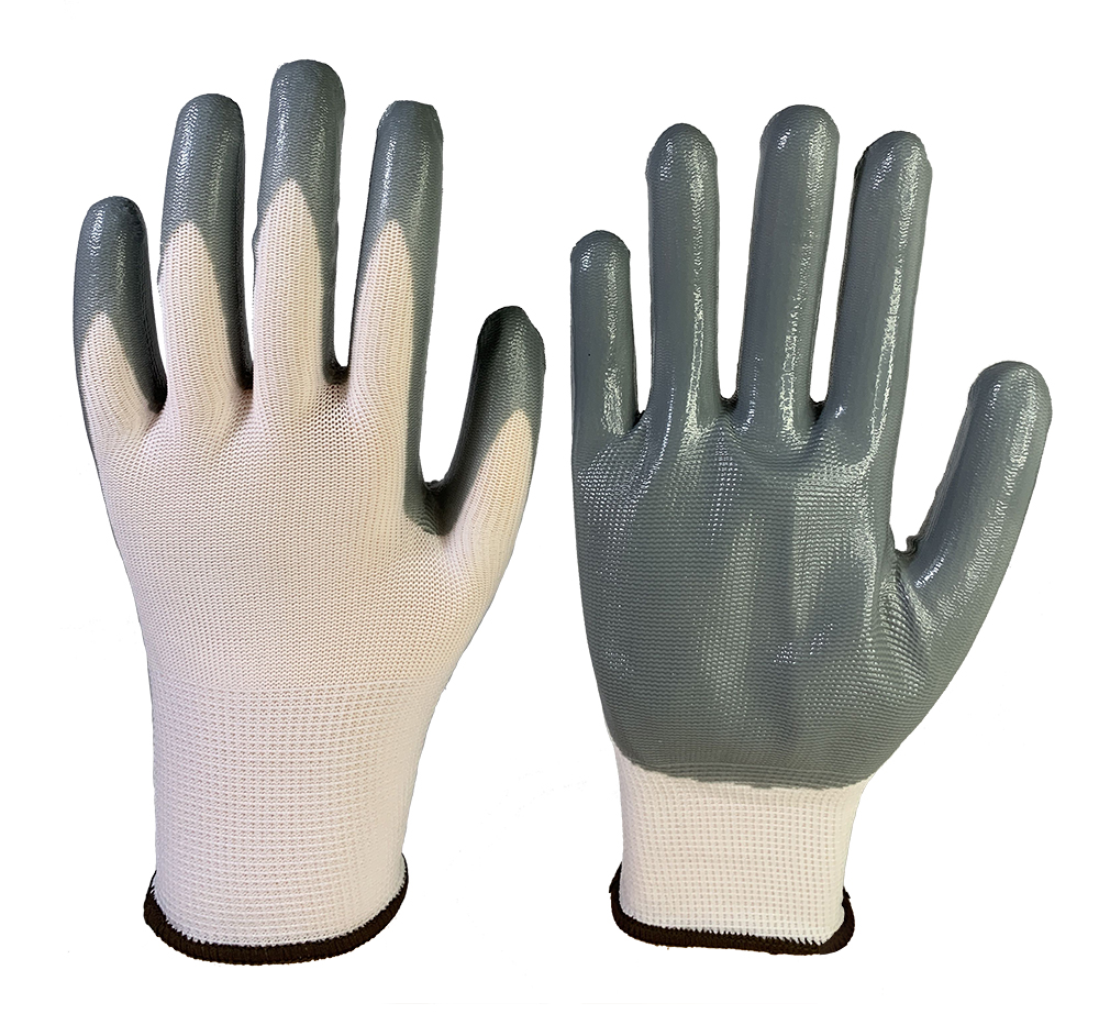13G White polyester with Grey nitrile coated gloves
