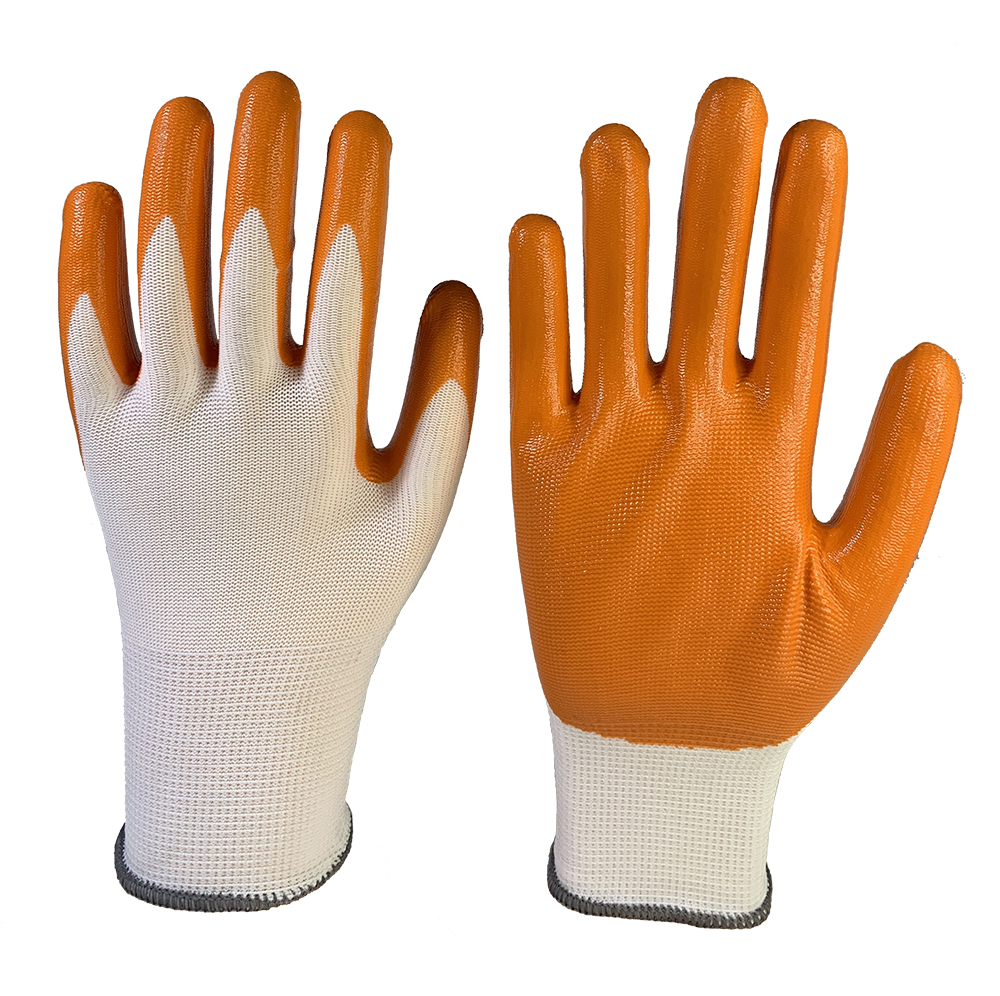 13G White polyester with orange nitrile coated gloves
