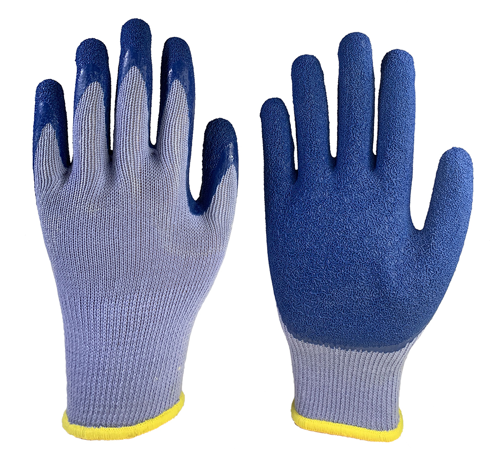 10G 5yarns Blue cotton with Blue Latex crinkle coated gloves